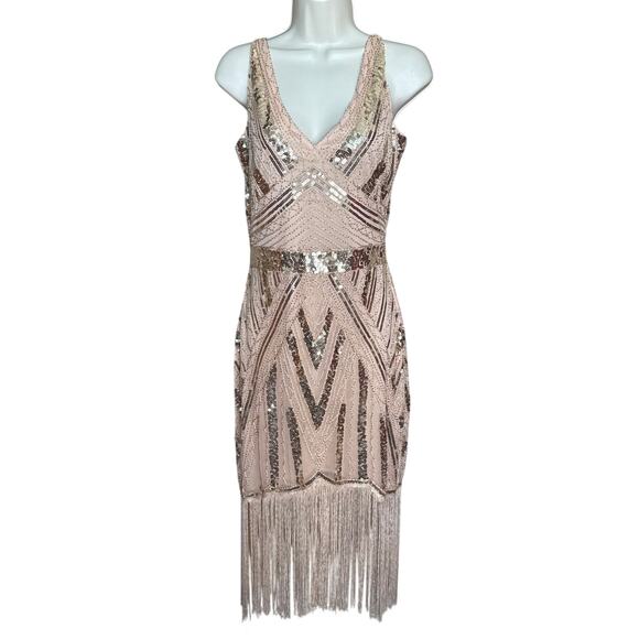 Unique Vintage Dresses & Skirts - Unique Vintage Blush Pink Sequin Fringe V Neck Flapper Dress M NWOT